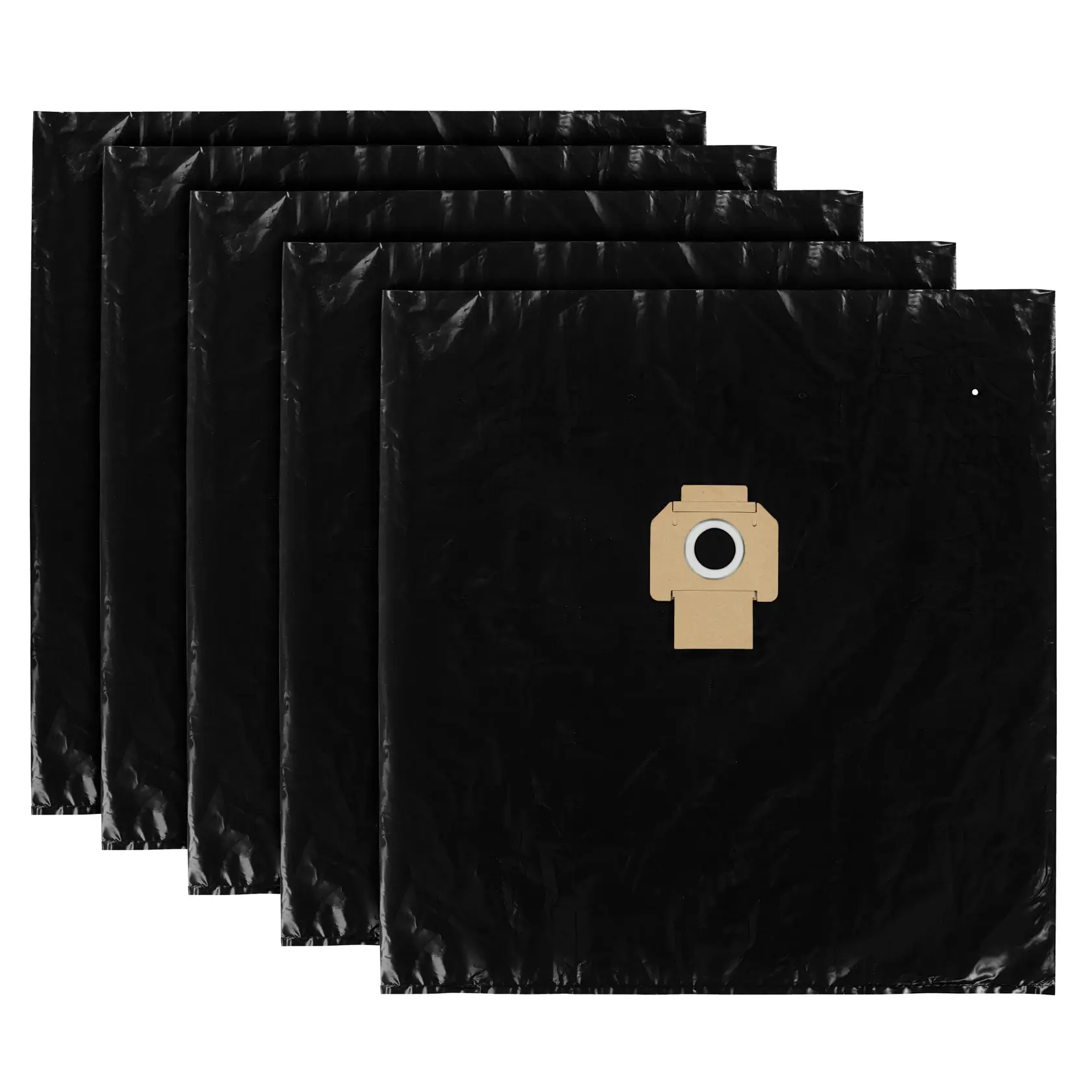 Set of five black DEWALT vacuum dust bags with a cardboard collar and round opening in the center.