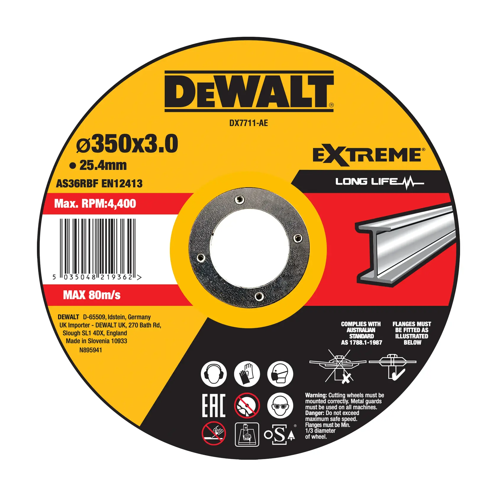 DEWALT DX7711 350x3.0mm cutting disc for metal, labeled Extreme Long Life, max speed 4,400 RPM, safety icons shown.