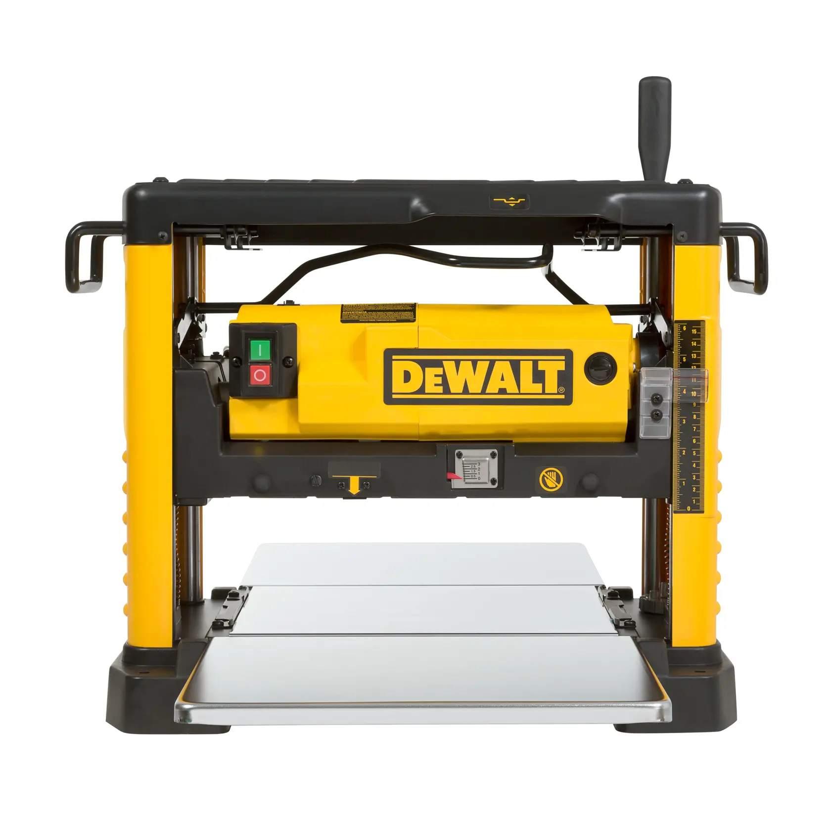 Vista frontal de la cepilladora amarilla DEWALT DW733 para carpintería y acabado liso de superficies.